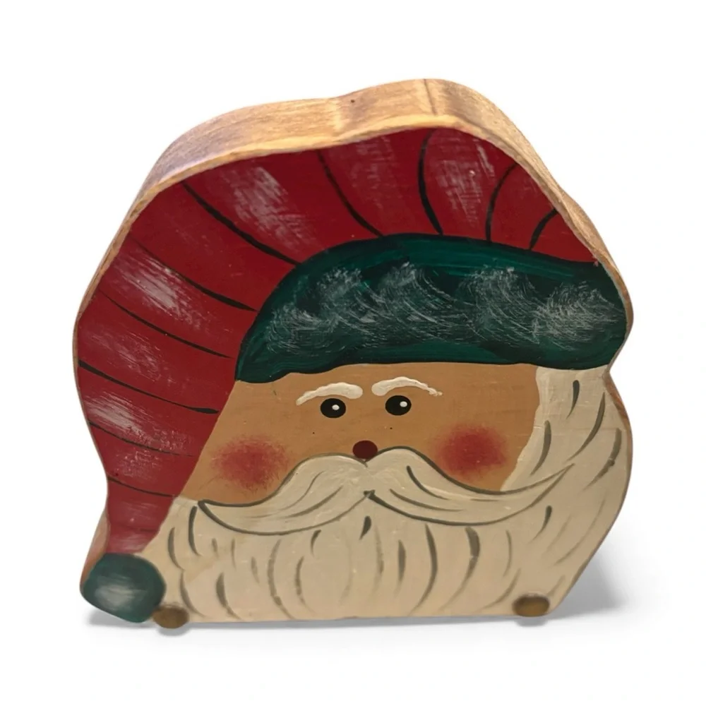 Festive Vintage Wooden Santa Decor Set - Standing Santa and Napkin holder